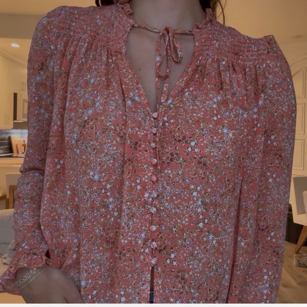 Free people orange floral long sleeve sheer button down blouse